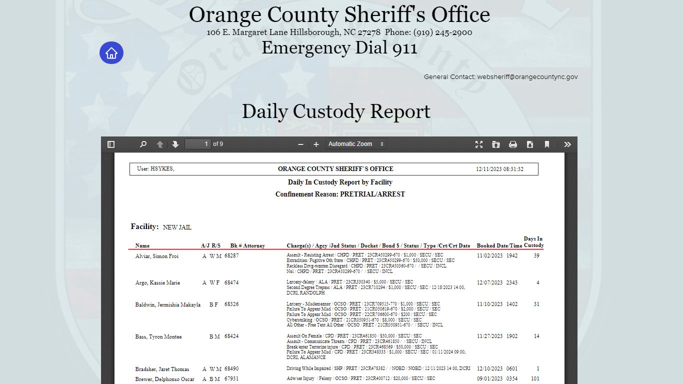 Daily Custody Report | ocso